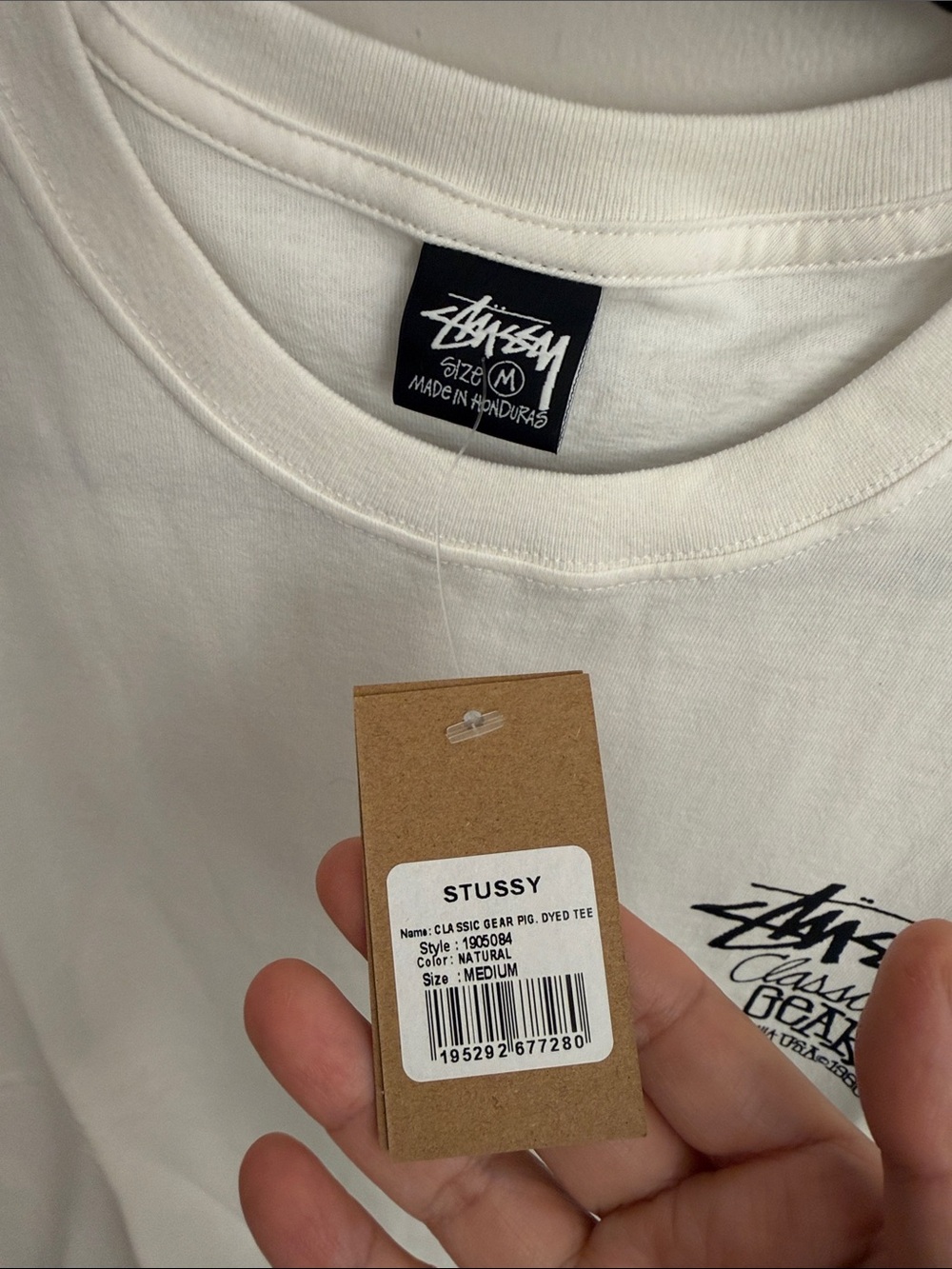 Stussy White Short Sleeve Tee with Black Classic Gear Logo - Picture 3 of 4